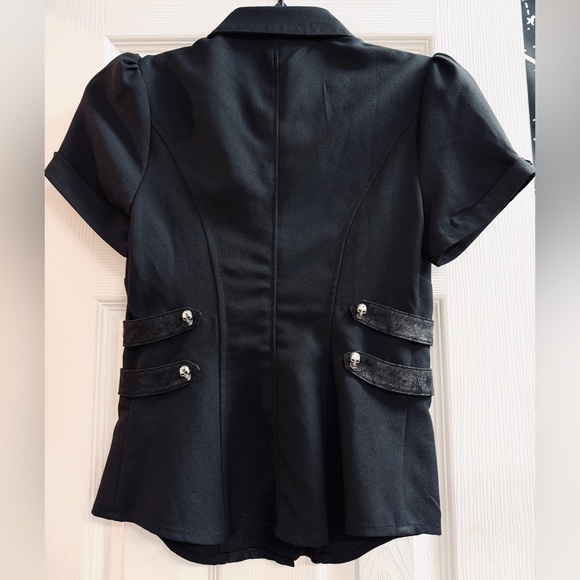 PUNK RAVE Gothic Short Sleeve Button-Up Top with Skull Accents - Picture 2 of 4
